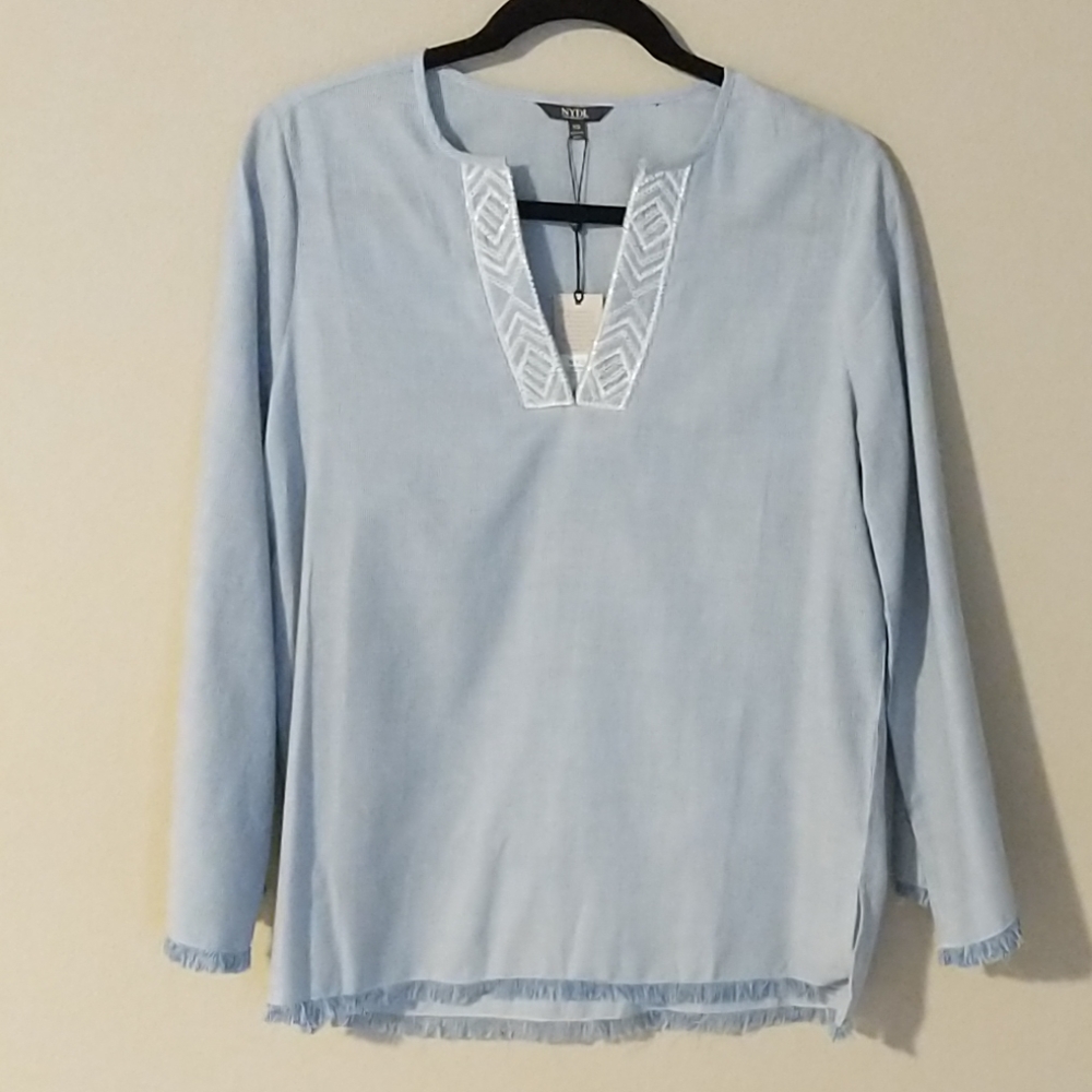 NYDJ Fray Edge Bell Sleeve Blouse XS Blue White